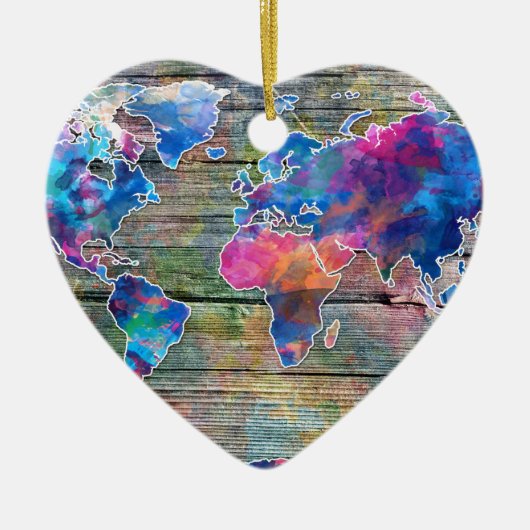 wereldkaart hout 1 keramisch ornament (Voorkant)
