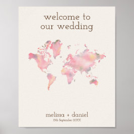 Wereldkaart in roze handdoeken voor bestemmingsbru poster