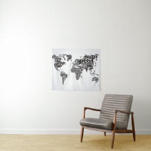 wereldkaart in Typografie Wandkleed