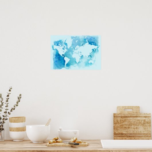 Wereldkaart in Waterverf Blues Poster (Keuken)