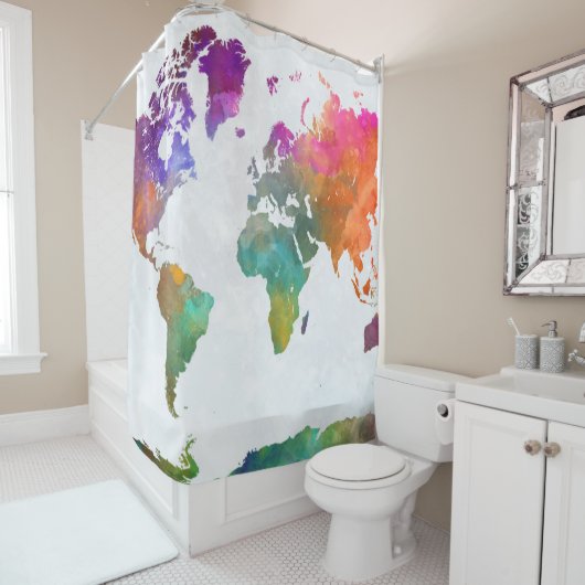 wereldkaart in Waterverf Douchegordijn (In situ)
