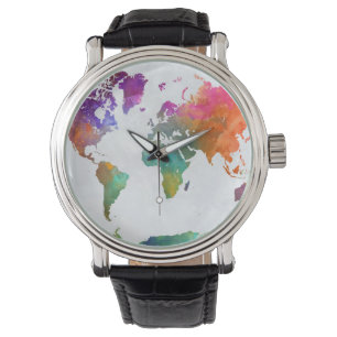 Wereldkaart in Waterverf Horloge