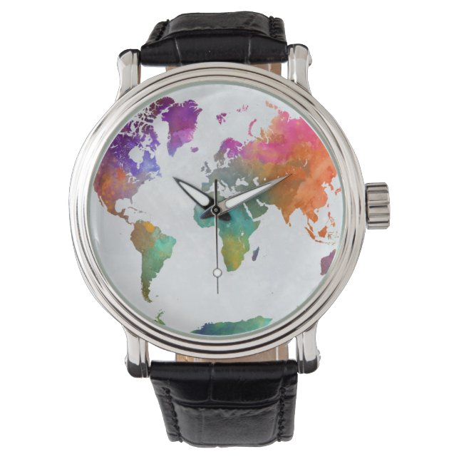 Wereldkaart in Waterverf Horloge (Voorkant)