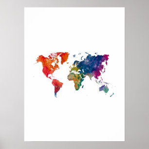 Wereldkaart in waterverf poster