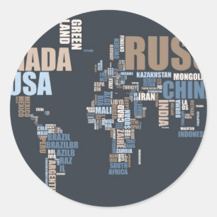Wereldkaart in woorden ronde sticker