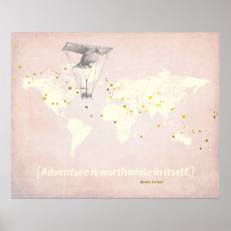 Wereldkaart, Inspirerende Spreuk & Nep Goud Folie Poster