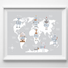 Wereldkaart Jongensprint, Robotkunst Kinderkamer Poster