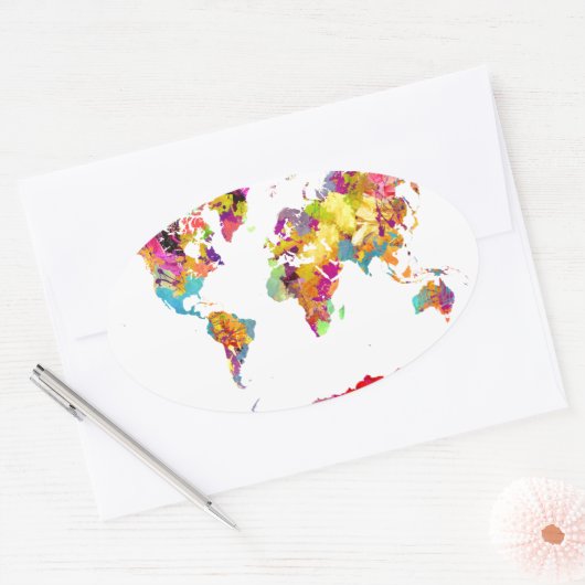 wereldkaart kleuren ovale sticker (Envelop)