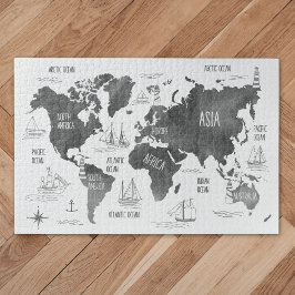Wereldkaart Kunst Zwart Wit Nautilus Legpuzzel