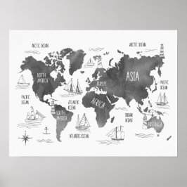 Wereldkaart Kunst Zwart Wit Nautisch Kinderen Slaa Poster