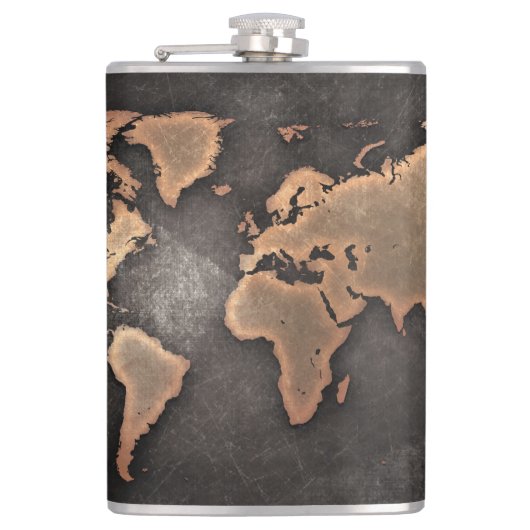 Wereldkaart leder, geografisch bruin heupfles (Voorkant)