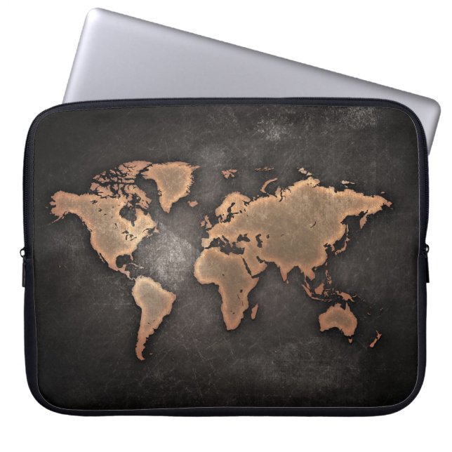 Wereldkaart leder, geografisch bruin laptop sleeve (Voorkant)