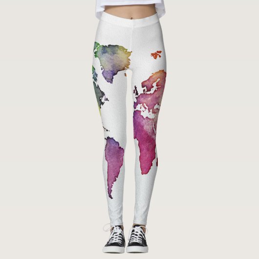 wereldkaart Leggings Witte Waterverf met meerdere  (Voorkant)