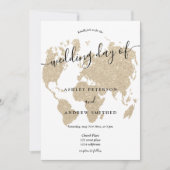 Wereldkaart licht goud glitter chic script bruilof kaart (Voorkant)