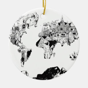 wereldkaart melkweg zwart-wit 3 keramisch ornament