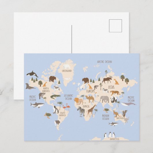 Wereldkaart met dieren briefkaart (Voorkant / Achterkant)