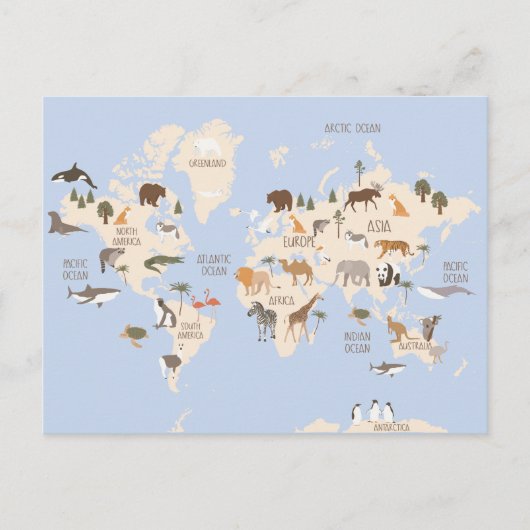 Wereldkaart met dieren briefkaart (Voorkant)