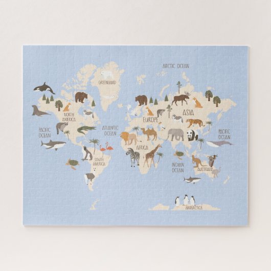 Wereldkaart met dieren legpuzzel (Horizontaal)