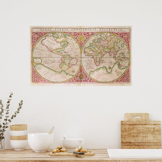 Wereldkaart met dubbele halfrond, 1587 poster (Keuken)