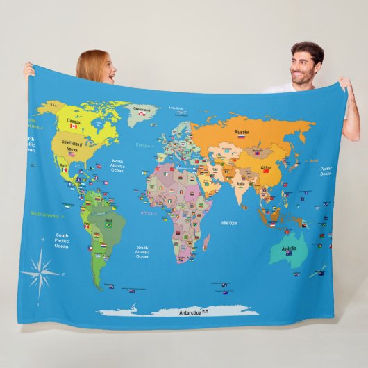 Wereldkaart met Flags Fleece Blanket Deken (In situ)