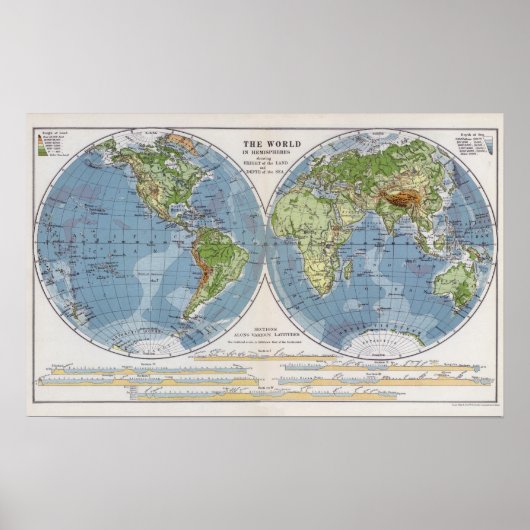Wereldkaart met hoogte van de grondediepte van het poster (Voorkant)