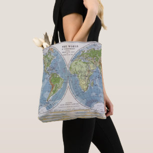 wereldkaart met hoogte van de grondediepte van het tote bag