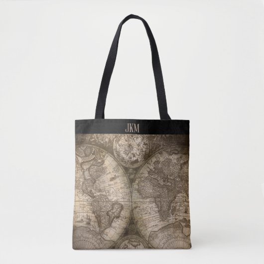  Wereldkaart met Monogram Initialen Tote Bag (Voorkant)
