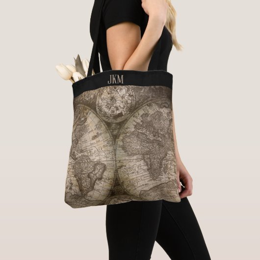  Wereldkaart met Monogram Initialen Tote Bag (Dichtbij)
