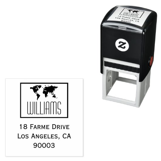 wereldkaart met retouradres, vierkant zwart/wit  zelfinktende stempel (In situ)