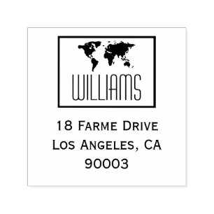 wereldkaart met retouradres, vierkant zwart/wit zelfinktende stempel