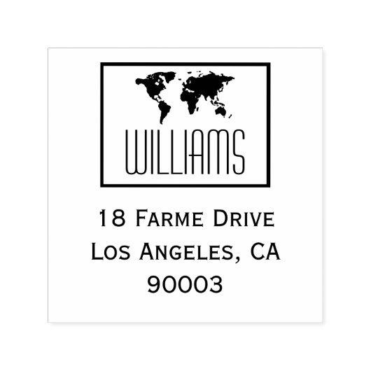 wereldkaart met retouradres, vierkant zwart/wit  zelfinktende stempel (Design)