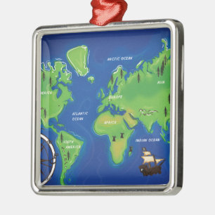 Wereldkaart Metalen Ornament