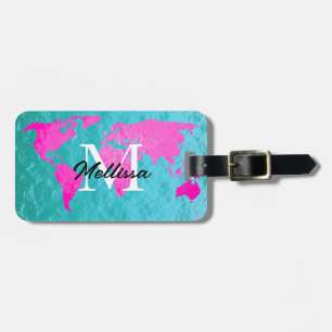 Wereldkaart Monogram Blauwgroen Blauw Roze Gold Fo Bagagelabel