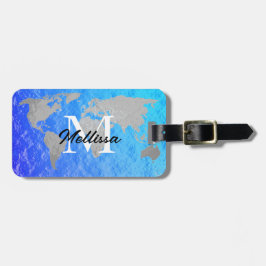 Wereldkaart Monogram grijze blauwe Folie Glittery  Bagagelabel