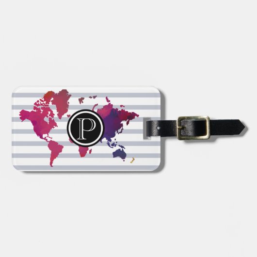 Wereldkaart Monogram Initiaal Modern Chique Gestre Bagagelabel (Voorkant horizontaal)