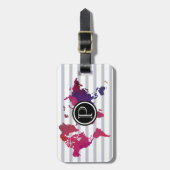 Wereldkaart Monogram Initiaal Modern Chique Gestre Bagagelabel (Voorkant verticaal)