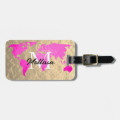 Wereldkaart Monogram reiziger Roze Gold Foil Glitt Bagagelabel (Voorkant horizontaal)