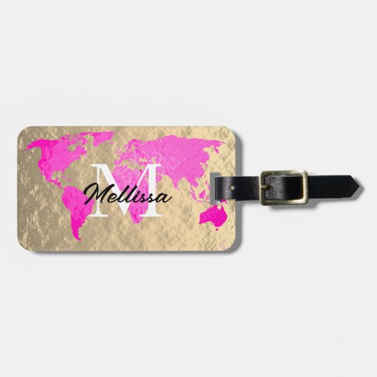 Wereldkaart Monogram reiziger Roze Gold Foil Glitt Bagagelabel (Voorkant horizontaal)