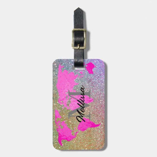 Wereldkaart Monogram Reizigerroze Glitter Cool Bagagelabel (Voorkant verticaal)