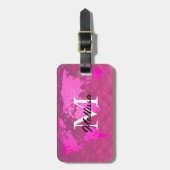 Wereldkaart Monogram Roze Paars Roos Glitter Bagagelabel (Voorkant verticaal)