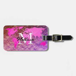 Wereldkaart Monogram roze Rose Gold Glitter Travel Bagagelabel