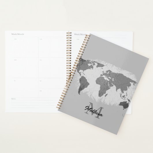 Wereldkaart Monogram Traveler Naam Black White Gre Planner (Display)