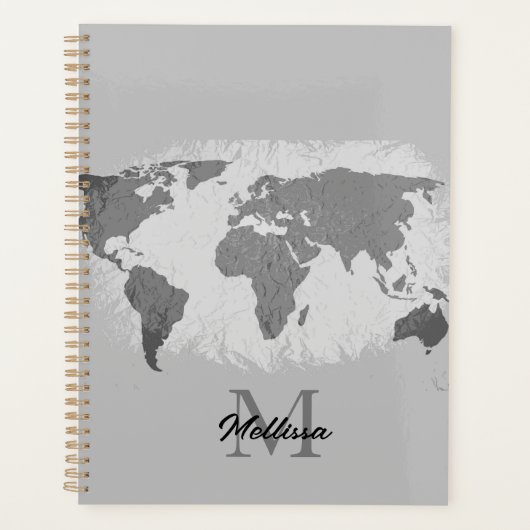 Wereldkaart Monogram Traveler Naam Black White Gre Planner (Voorkant)