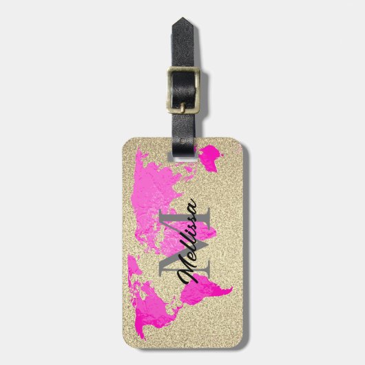 Wereldkaart Monogrammen Reizerroze Glitter Bagagelabel (Voorkant verticaal)