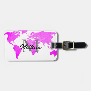 Wereldkaart Monogrammen Reiziger Roze Paars Wit Bagagelabel