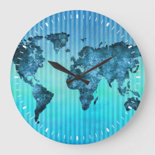 wereldkaart Neon Blue Stripes Grote Klok