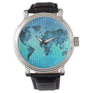 wereldkaart   Neon Blue Stripes Horloge