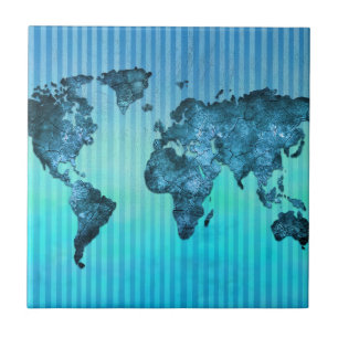 wereldkaart   Neon Blue Stripes Tegeltje