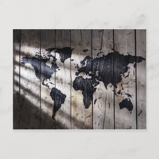 Wereldkaart op houtextuur briefkaart (Voorkant)