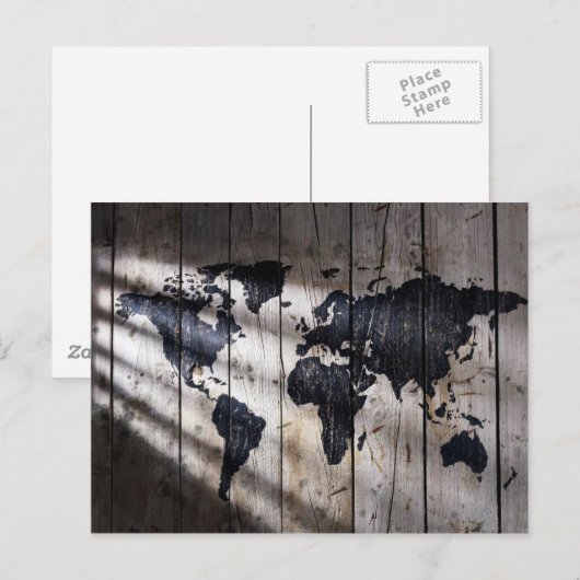 Wereldkaart op houtextuur briefkaart (Voorkant / Achterkant)